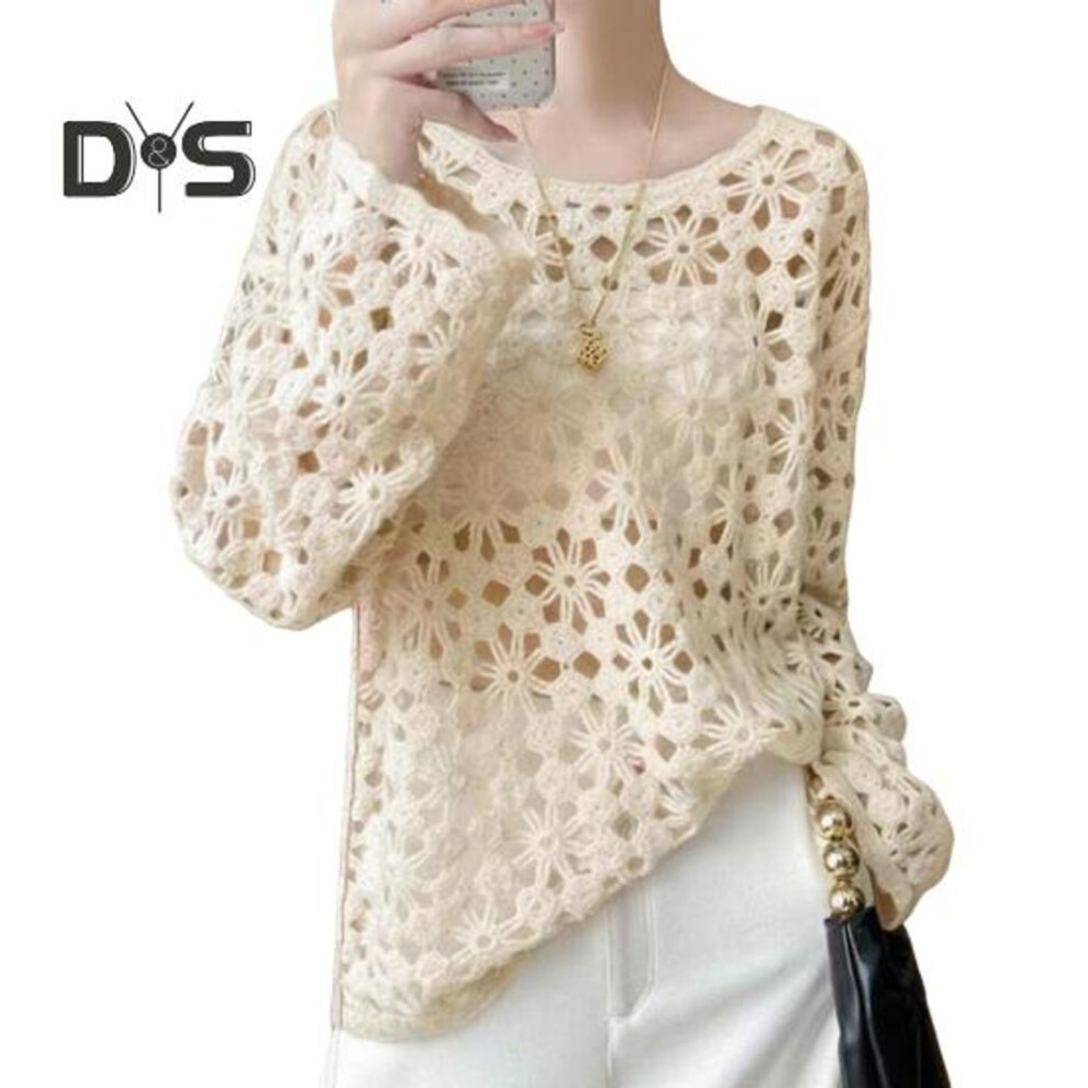 (apricot) Women Pullover Cover Up Round Neck Long Sleeve Hollow Knitting Tops Solid Color Crochet Sunscreen Tops