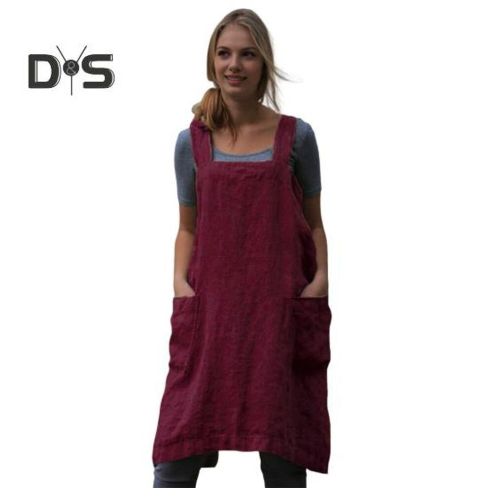 (wine red, 2XL) Women Bib Apron X Shape Back Bandage Design Wide Strap Large Pocket Apron Dress Kitchen Cooking Cleaning Tools