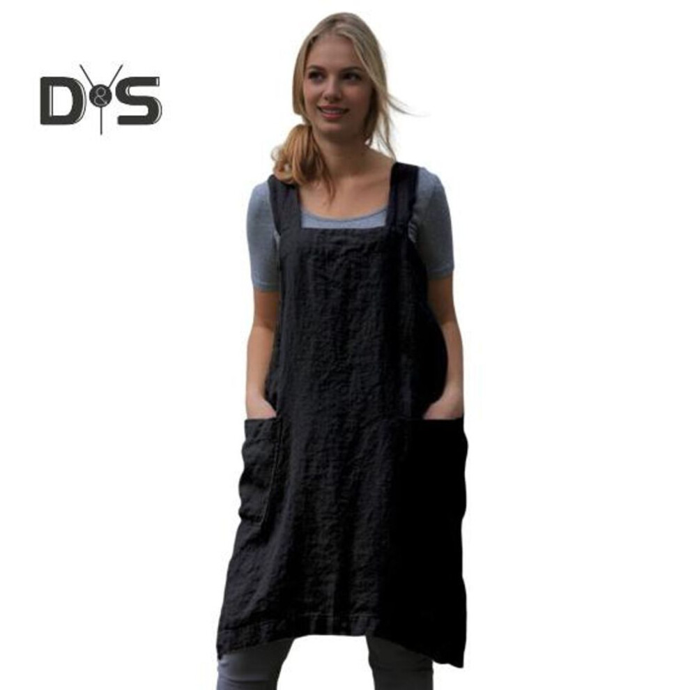 (black, XL) Women Bib Apron X Shape Back Bandage Design Wide Strap Large Pocket Apron Dress Kitchen Cooking Cleaning Tools