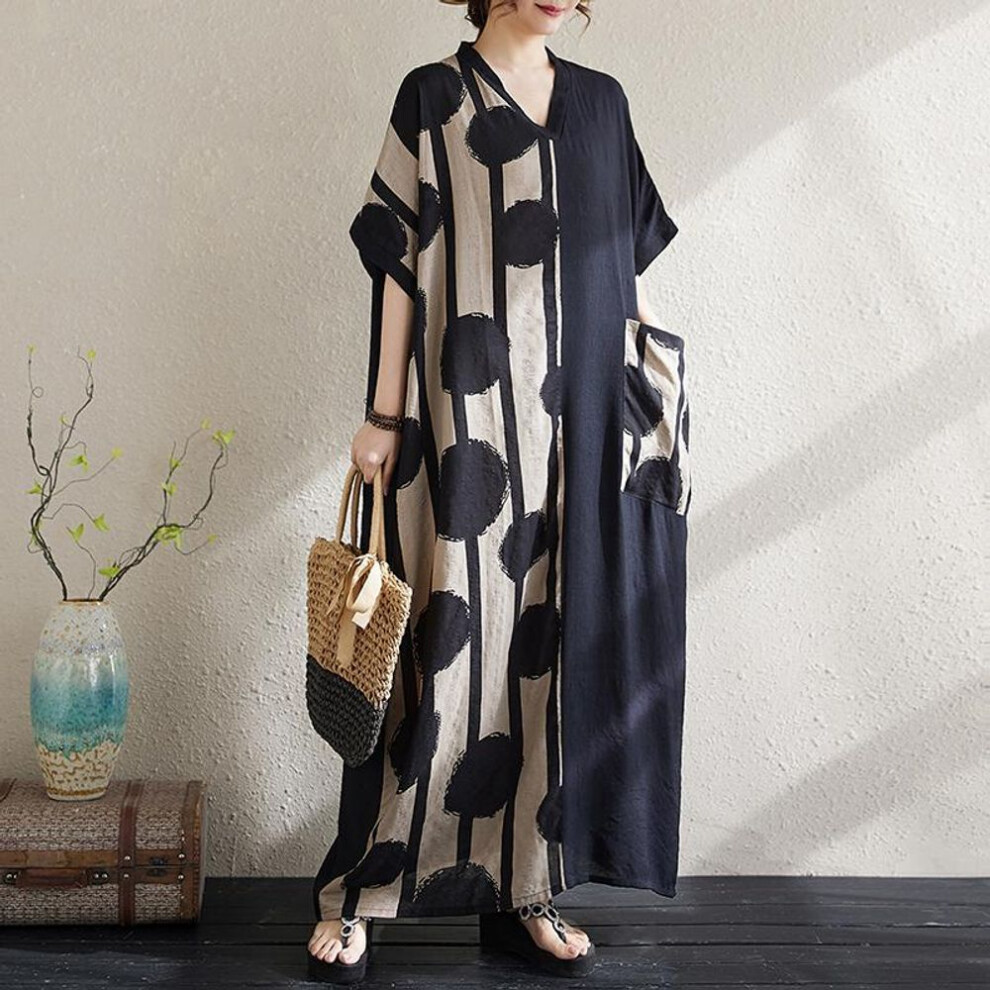 DIMANAF New Women 2025 Plus Size Summer Long Casual Dot Dress Loose Cotton Linen Vintage Basic Maxi Dress