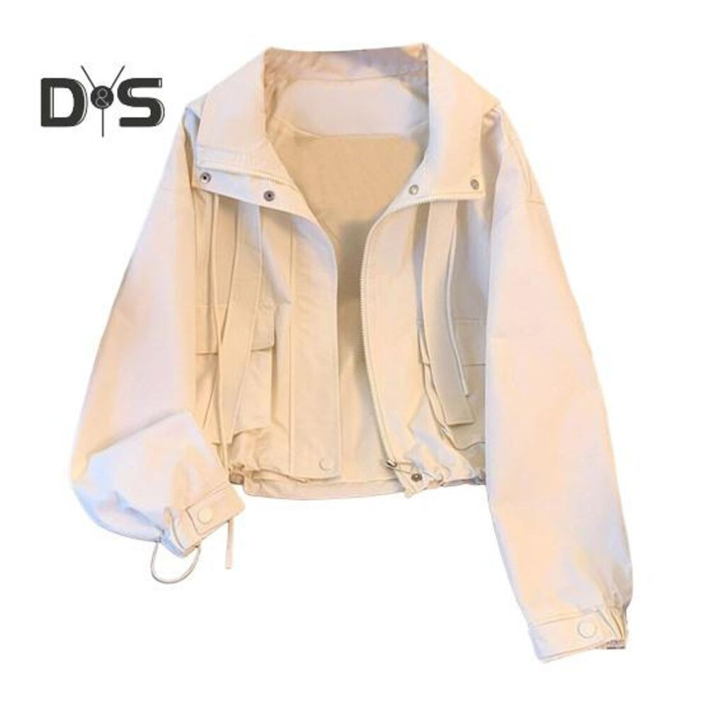 (white, S) Women Cargo Coat Hooded Loose Pure Color Coat Long Sleeves Zipper Closure Short Type Drawstring with Pockets Thin Lady Commuting Travel Jacket