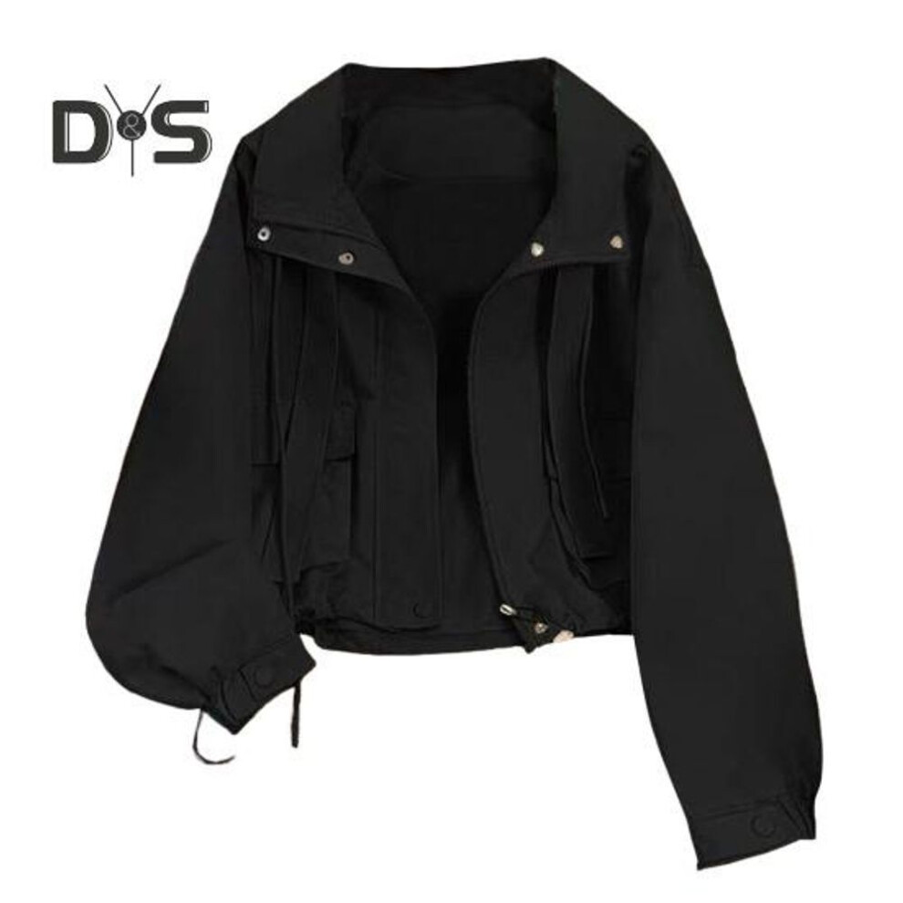 (black, L) Women Cargo Coat Hooded Loose Pure Color Coat Long Sleeves Zipper Closure Short Type Drawstring with Pockets Thin Lady Commuting Travel Jacket