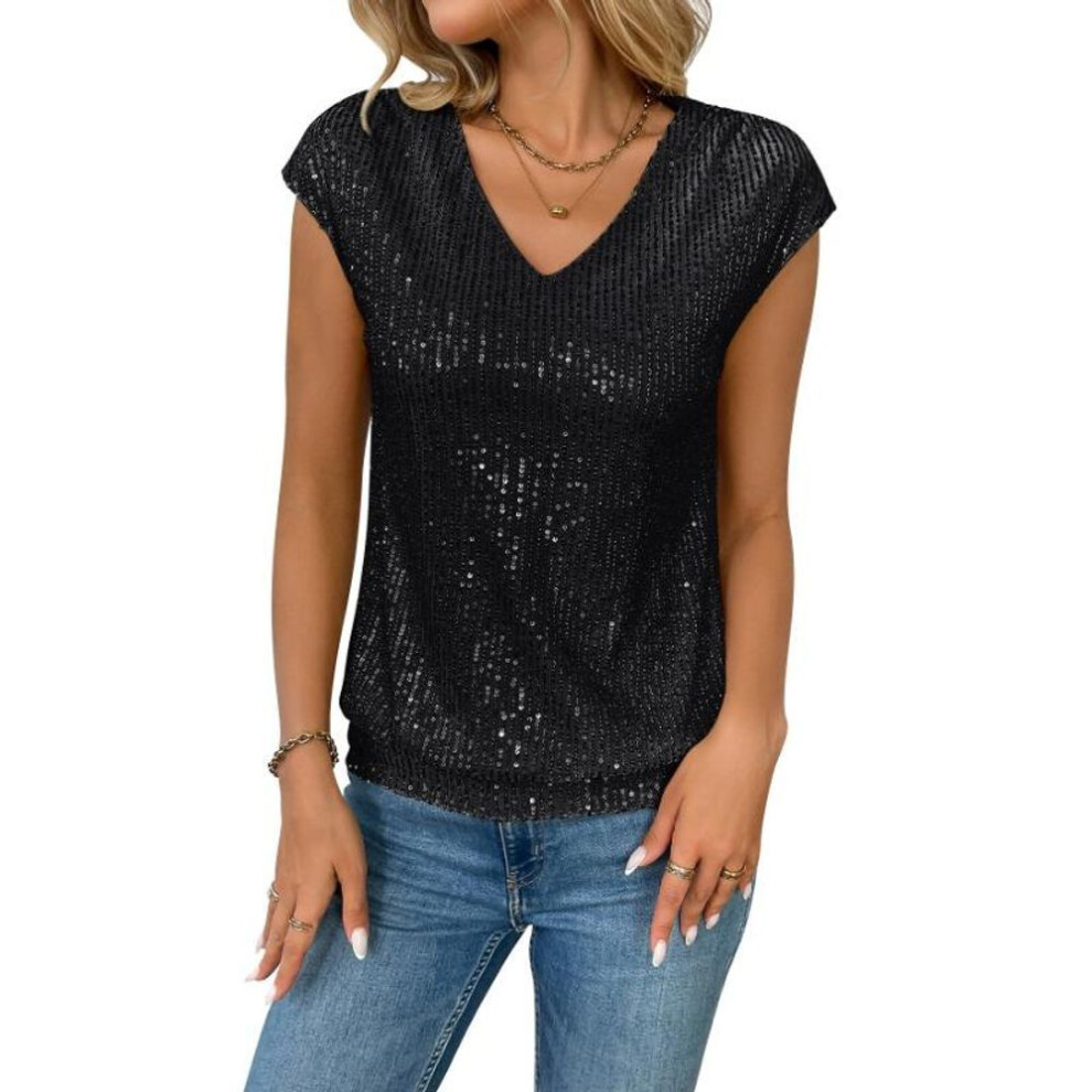 (S, black) Women's Summer V-neck Sequin Short-sleeved Top Vest