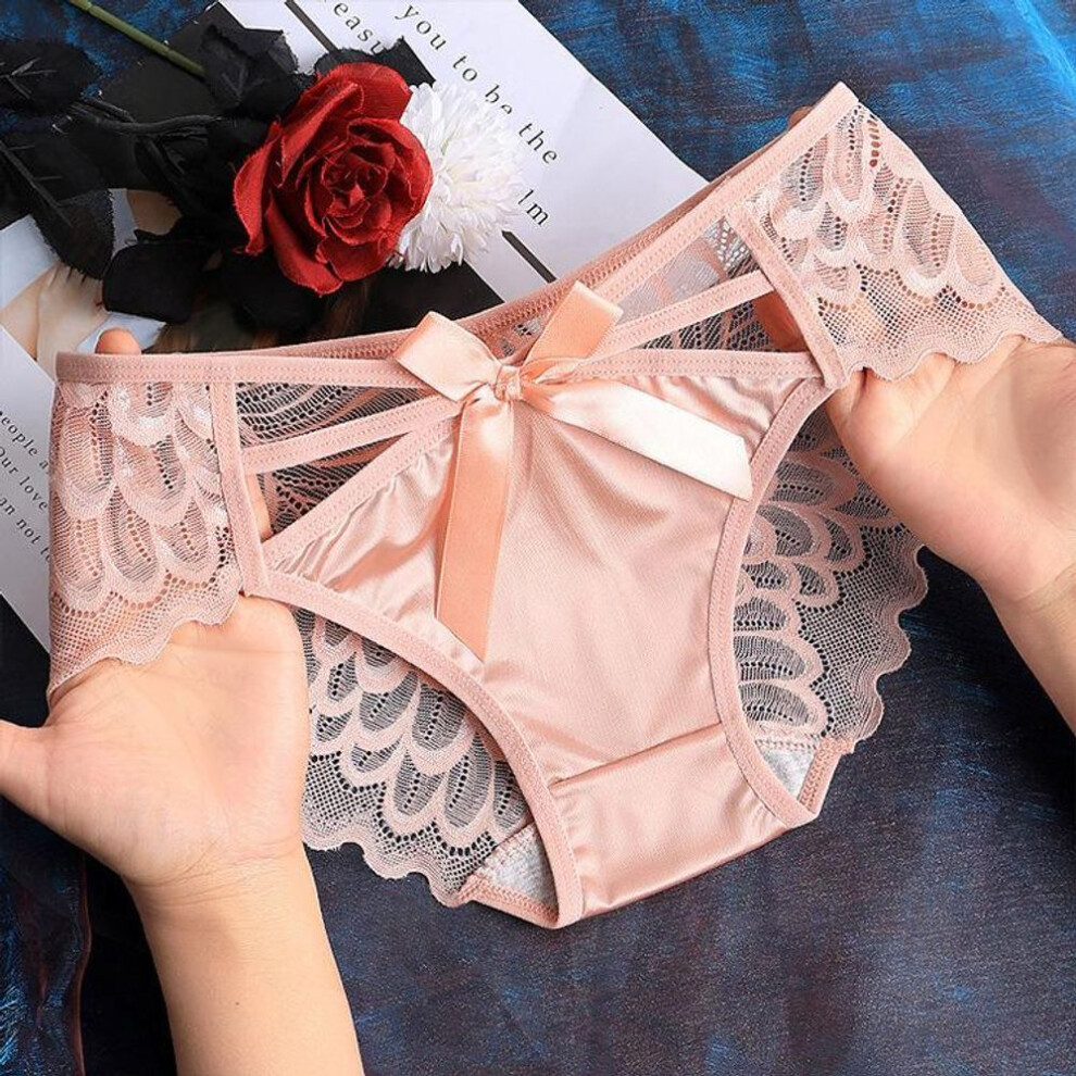(pink, XL) Bowknot Hollow Lace Panties for Women Satin Pure Cotton Crotch Breathable Sexy Mid-waist Women Briefs Underwear Knickers