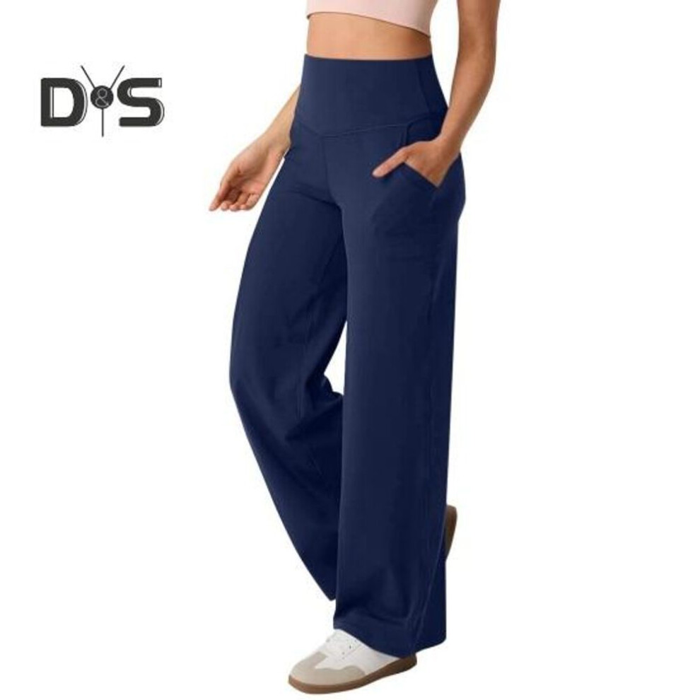 (navy blue, XXL) Women Yoga Pants Solid Color High Waist Wide Leg Sport Pants With Pockets Tummy Control Straight Leg Dress Pants