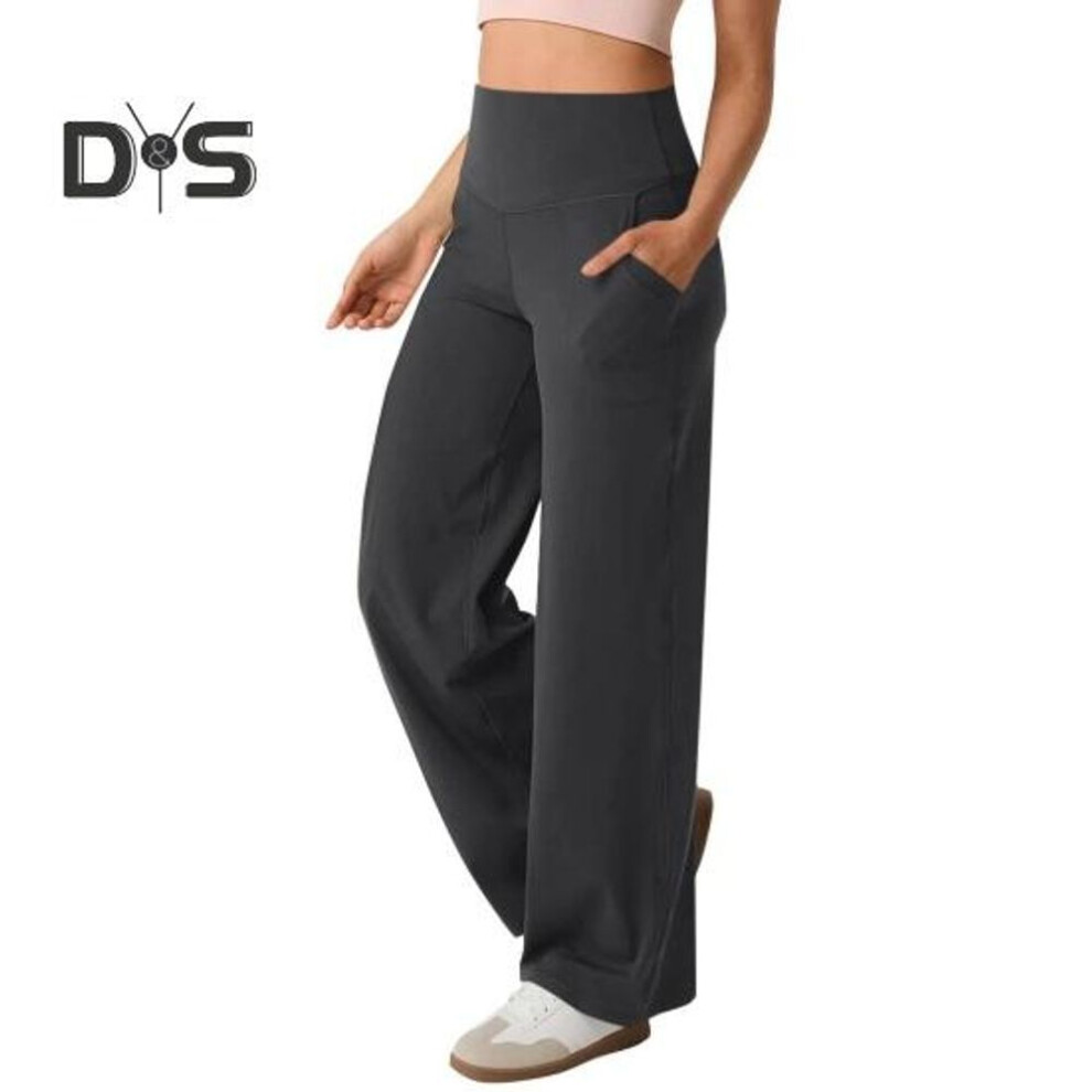 (dark gray, XL) Women Yoga Pants Solid Color High Waist Wide Leg Sport Pants With Pockets Tummy Control Straight Leg Dress Pants