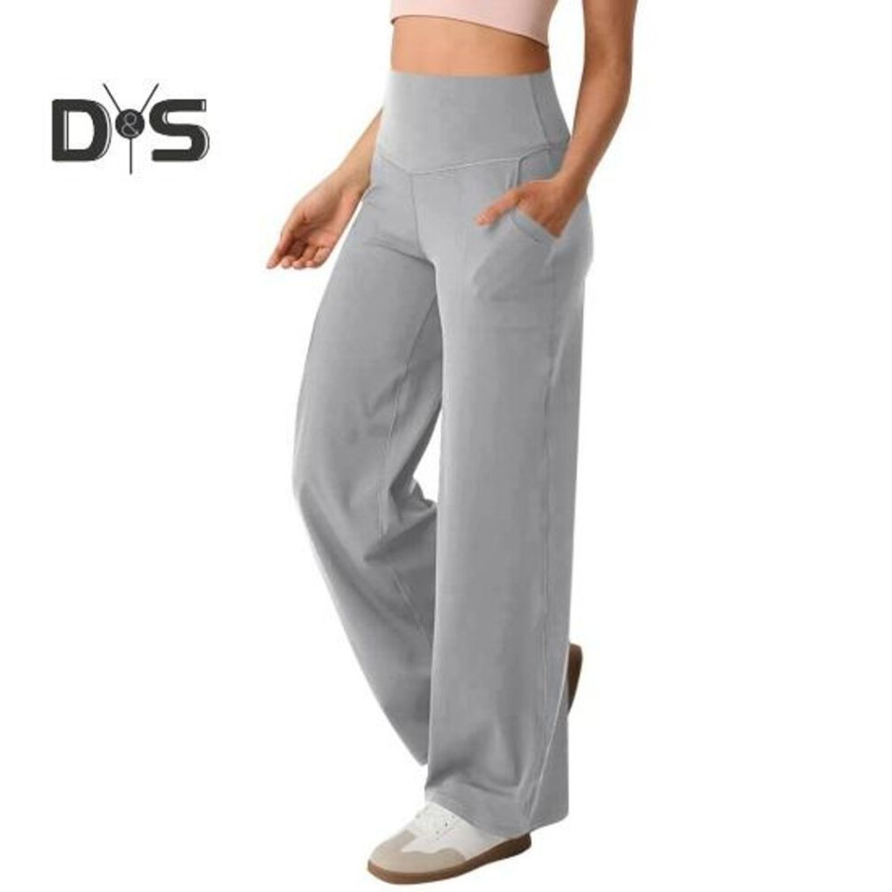 (light grey, L) Women Yoga Pants Solid Color High Waist Wide Leg Sport Pants with Pockets Tummy Control Straight Leg Dress Pants