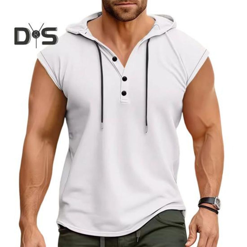 (white, M) Men Vest Hooded Drawstring Sleeveless Tops Solid Color T-Shirt with Wide Shoulder Straps Button Adjustment Sports Vest