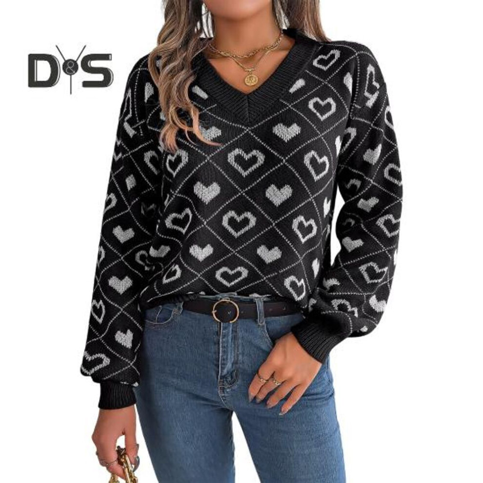 (S, black) Women Sweater V-Neck Lantern Long Sleeve Ribbed Trim Pullover Jumper Heart Pattern Knit Tops Daily Wear