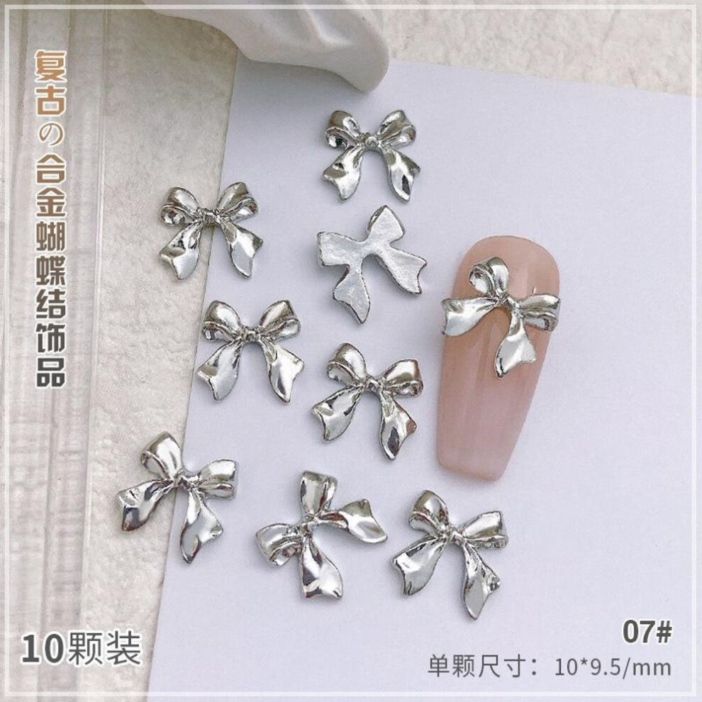 (as the picture, 07#) 10pcs Alloy Bowknot Nails Art Charms Decorations 3D Luxury Silver Gold Bows Shaped Jewellery Diy Manicure Designs Supplies