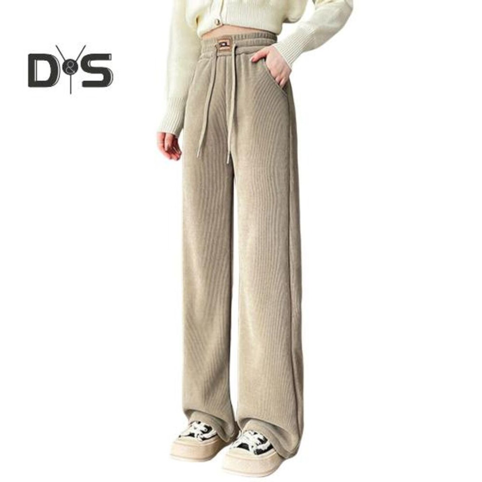 (apricot, 3XL) Women Corduroy Pants Elastic High Waist Straight Wide Leg Long Trousers Solid Color Thickened Fleece Lined Pants