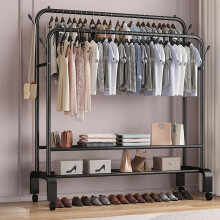 Black Double-Rod Clothes Rack with Wheels &Storage Shelves 150cm W