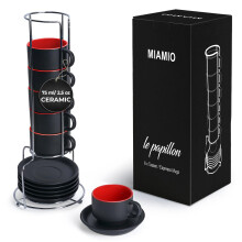 MIAMIO - 2,5 oz Espressokops?t med underkopper Kaffekrus S?t med 6 - Keramisk kaffekrus Stabelbart espressokrus med stativ til kaffedrikke Latte
