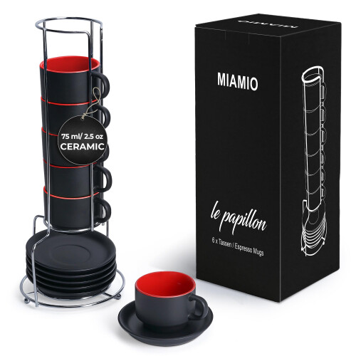 MIAMIO - Σετ 6 Κούπες Espresso 2.5 oz με Πιατάκια - Σερβίτσιο Καφέ Πορσελάνης Στοιβαζόμενο