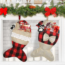 Pet Cat Christmas Stockings 14.5 Inch, Large Fish Shaped Burlap Plaid Christmas Stockings Fireplace Hanging Stockings Christmas Decorations for Home H