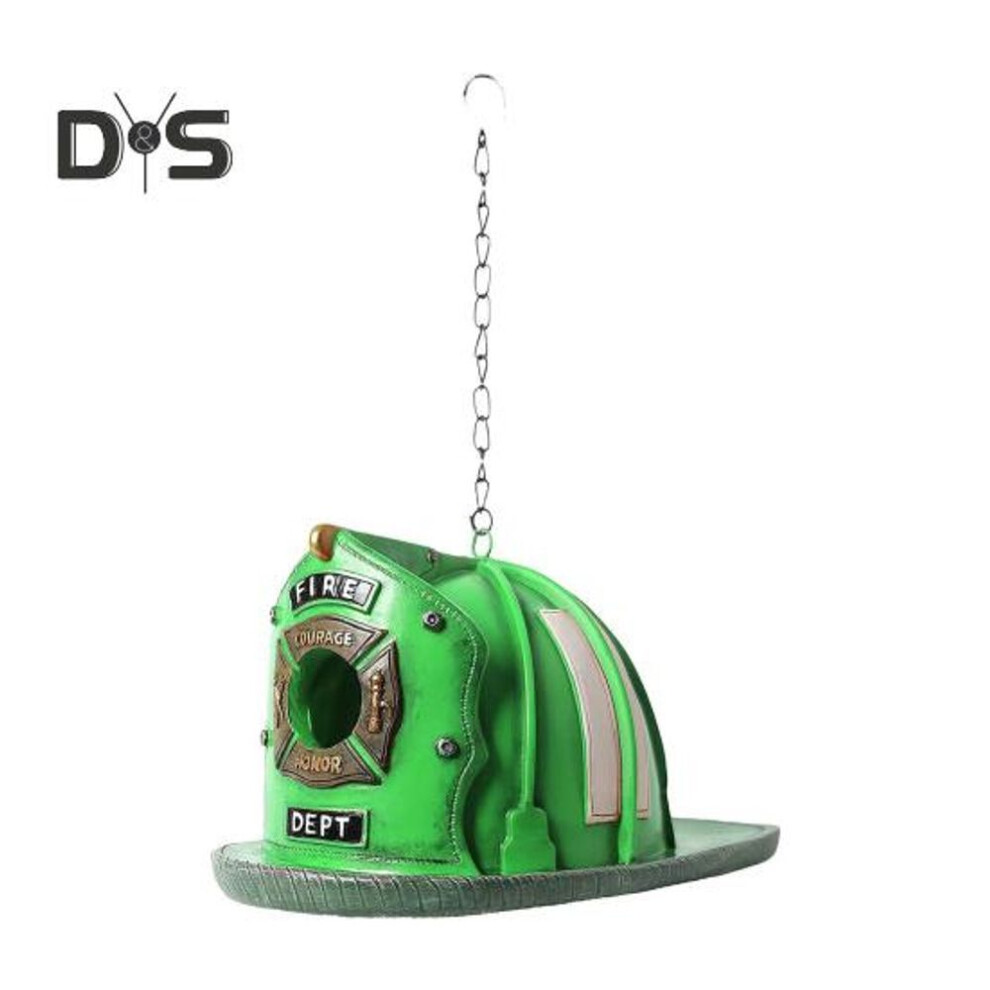 (green) Hanging Birdhouse Resin Firefighter Helmet Shape Wildbird Nest Outside Birds Feeding House for Home Terrace Garden Decor