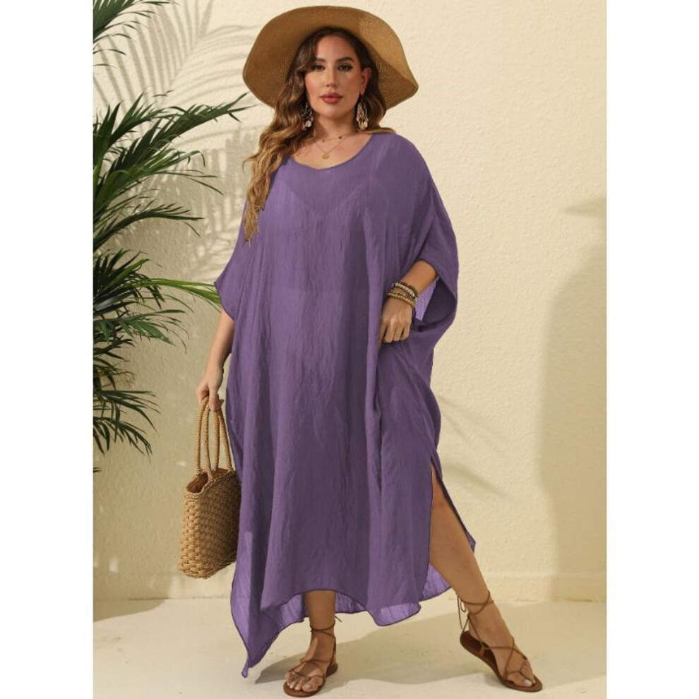 (one  size, purple) Plus Size Women's Solid Color Loose Smock Beach Holiday Split Mopping Long Dress