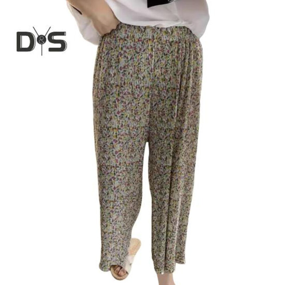 (green) Women Slacks Elastic High Waist Wide Leg Trousers Floral Printed Draped Pleated Long Pants Home Lounge Trousers