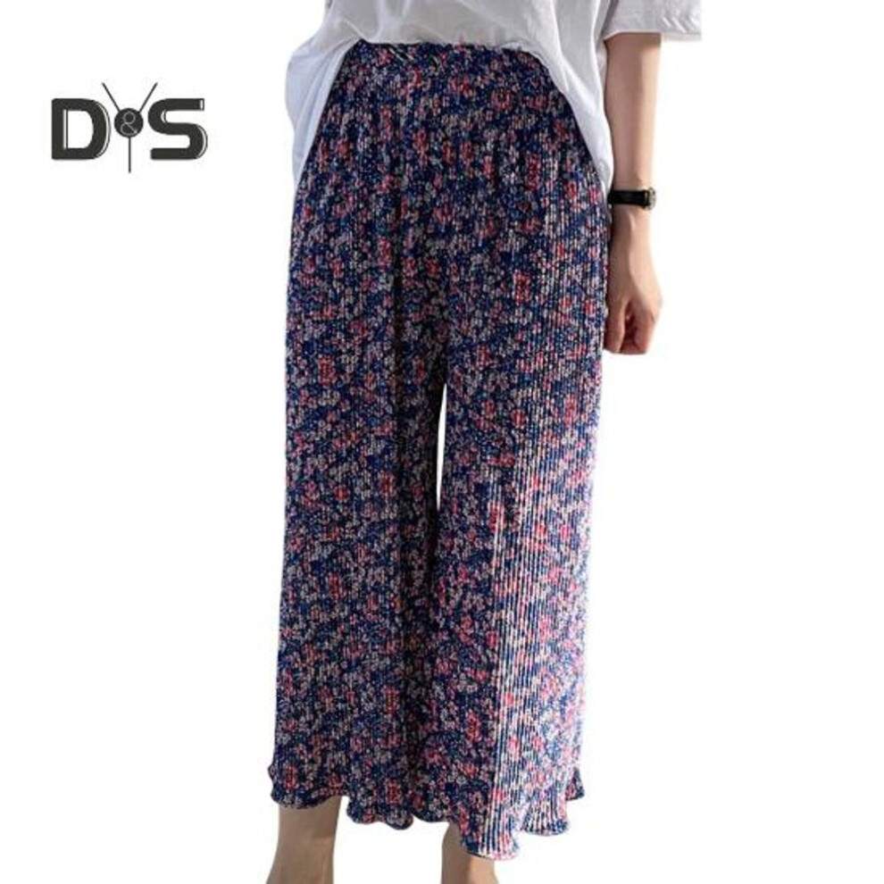 (dark blue) Women Slacks Elastic High Waist Wide Leg Trousers Floral Printed Draped Pleated Long Pants Home Lounge Trousers