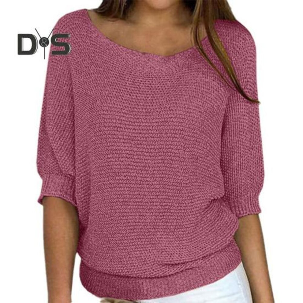 (XL, pink) Women Tops Round Neck 3/4 Sleeve Solid Color Tee Shirt Loose Fit Knitting Blouse Stretchy Breathable Tops Streetwear