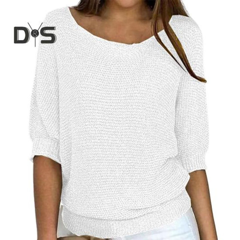 (L, white) Women Tops Round Neck 3/4 Sleeve Solid Color Tee Shirt Loose Fit Knitting Blouse Stretchy Breathable Tops Streetwear