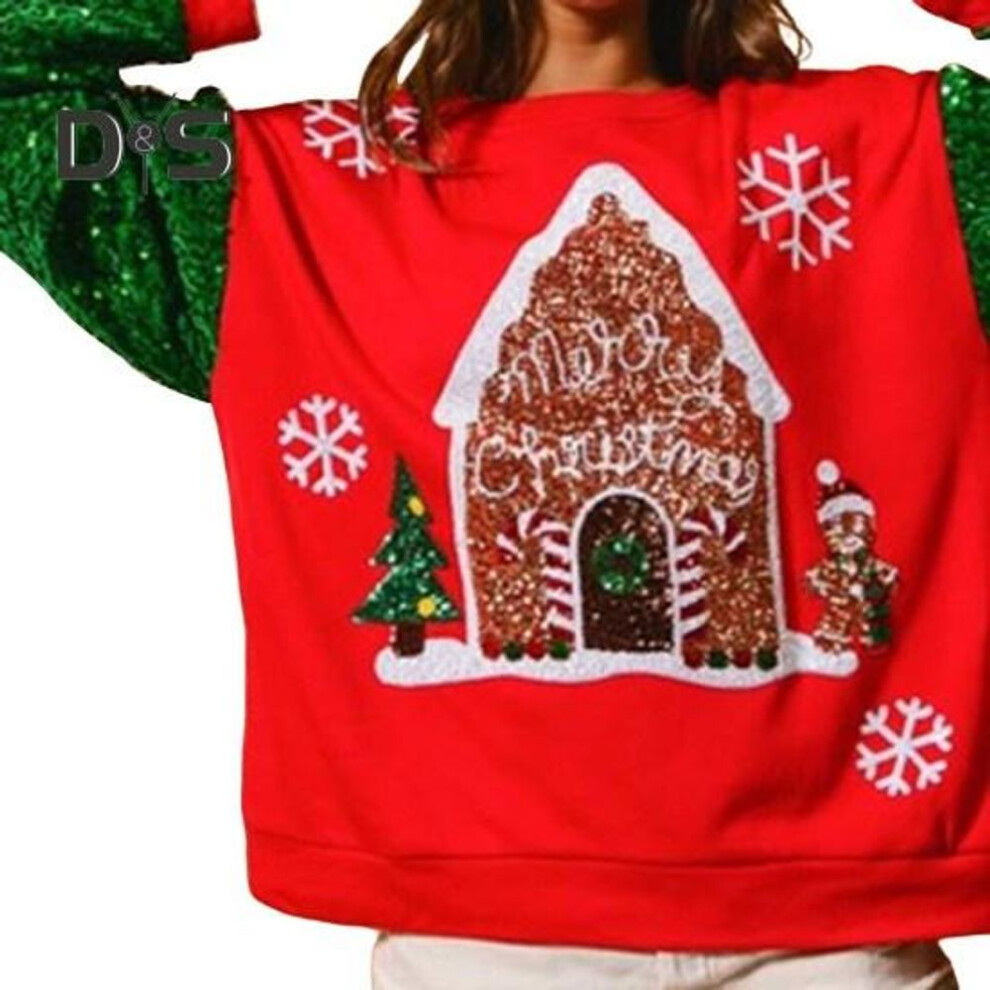 (S, red) Women Christmas Sweatshirt Sequin Cartoon Pattern Round Neck Long Sleeve Loose Mid Length Pullover Party Holiday Top