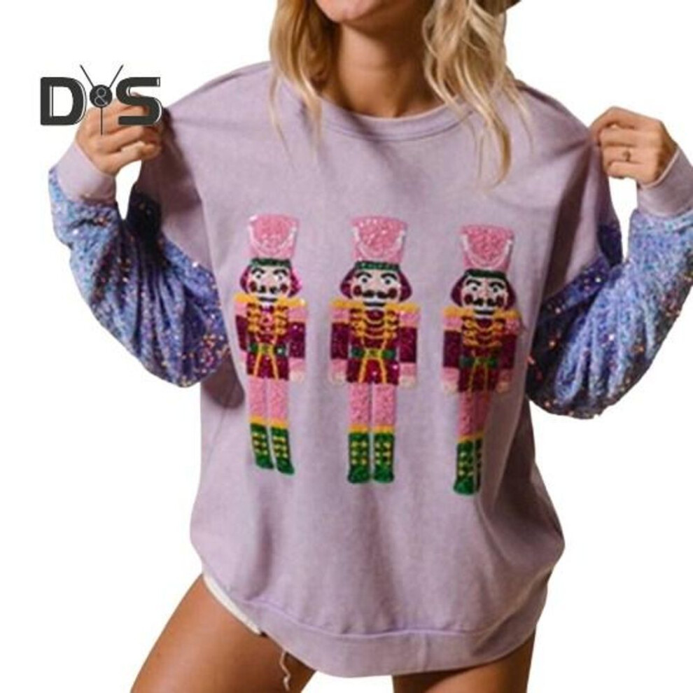 (XXL, light purple) Women Christmas Sweatshirt Sequin Cartoon Pattern Round Neck Long Sleeve Loose Mid Length Pullover Party Holiday Top