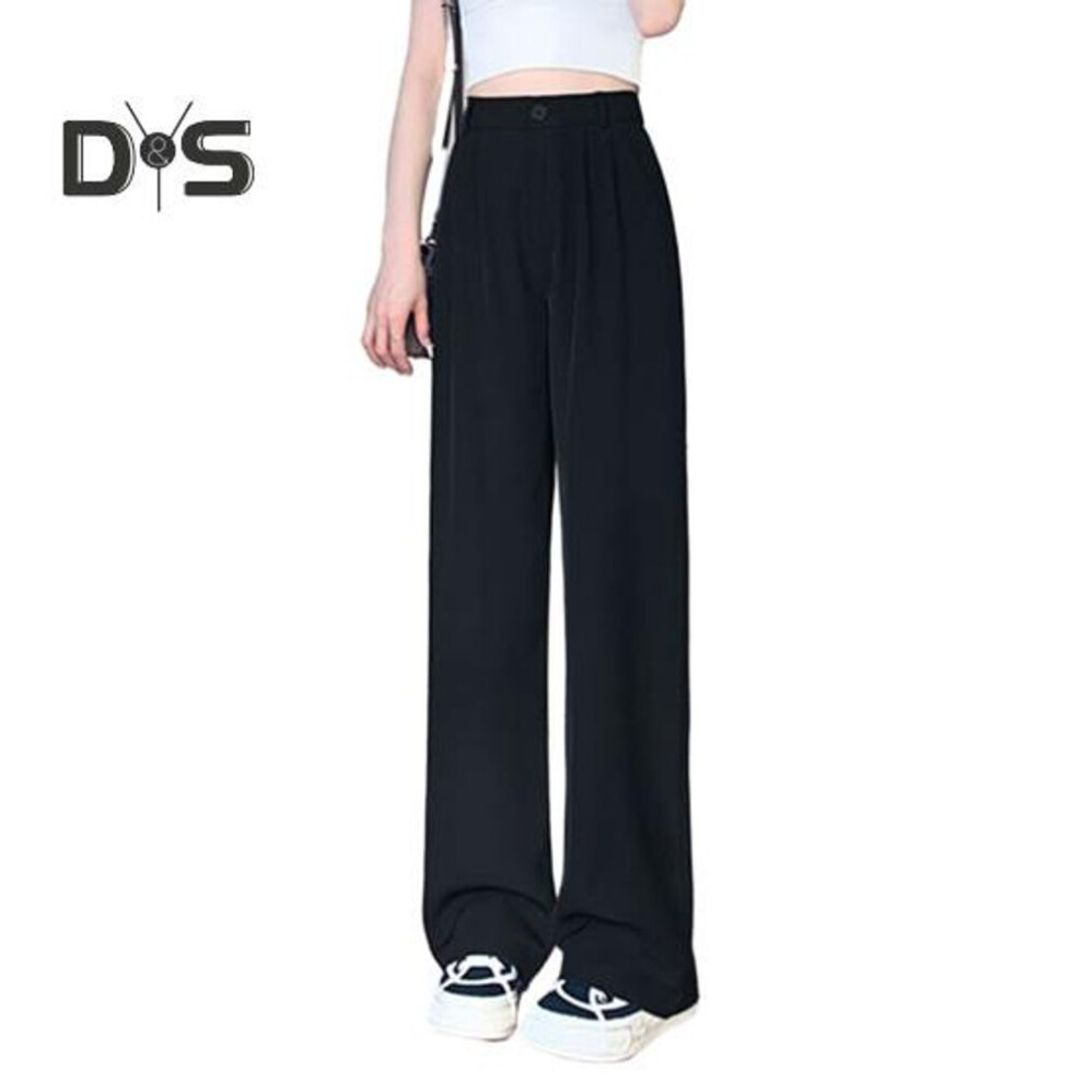 (black, S) Women Solid Color Suit Pants High Waisted Straight Wide Leg Pants Button Zipper Fly Pockets Baggy Trousers Office Wear