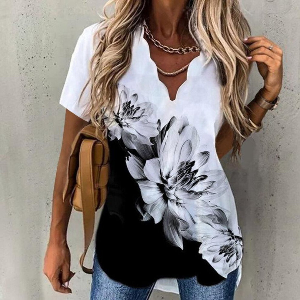 (4XL, black) Summer Women Wave Collar Shirt Floral Printed Short Sleeve Top New Femme Casual Oversized Blouse Lady Clothing