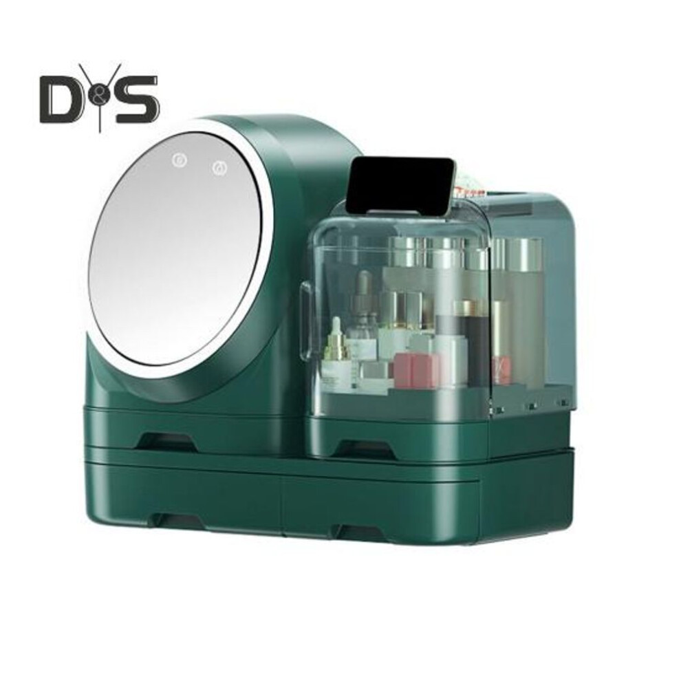 (green) Makeup Organizer Box with LED Mirror Large Capacity Dustproof Clear Cosmetic Display Case Countertop Makeup Storage Organizer