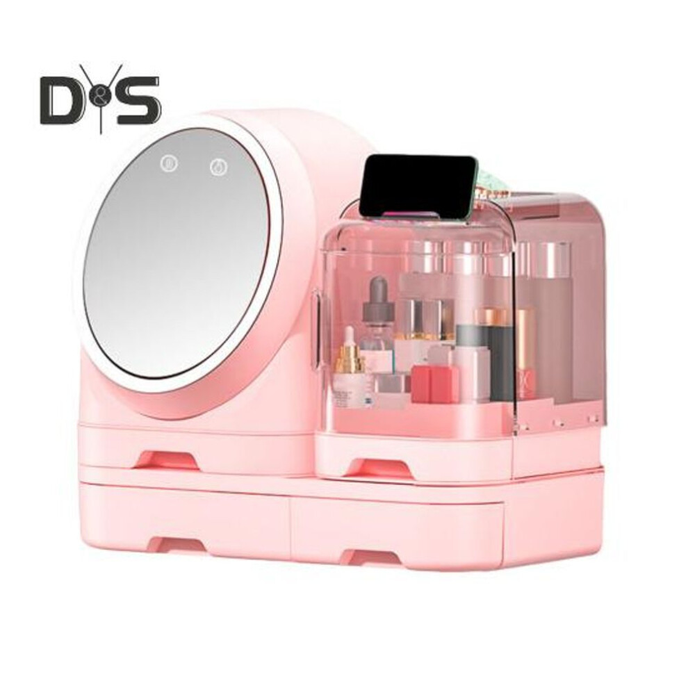 (pink) Makeup Organizer Box With Led Mirror Large Capacity Dustproof Clear Cosmetic Display Case Countertop Makeup Storage Organizer