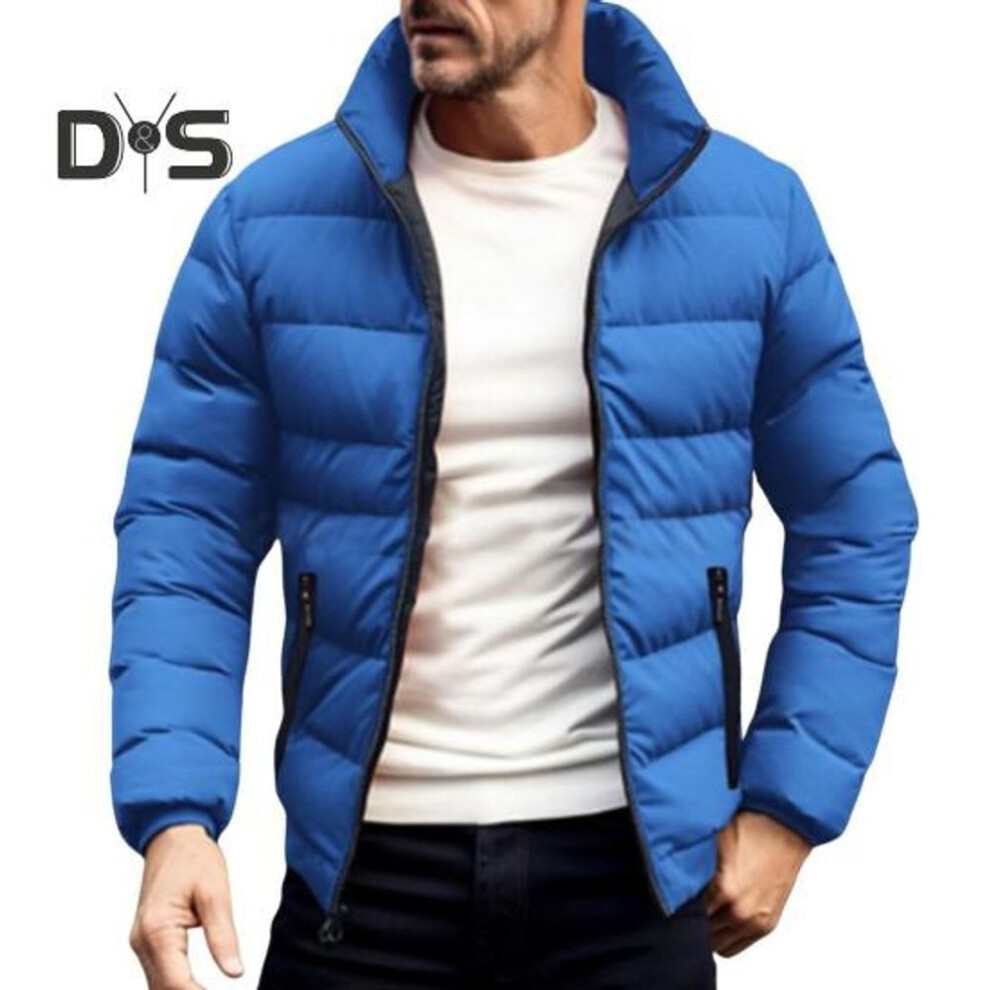 (royal blue, XL) Men Down Coat Stand Collar Long Sleeve Full Zipper Closure Solid Color Jacket Coat with Side Zipper Pockets Outdoor Leisure Quilted Outwear
