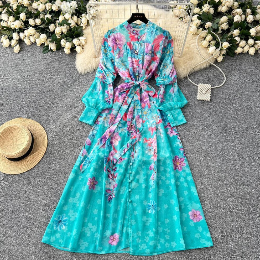 (blue, XL) Spring Summer Women Print Chiffon Single Breasted Oversized Loose Long Maxi Holiday Beach Lace-up Dresses