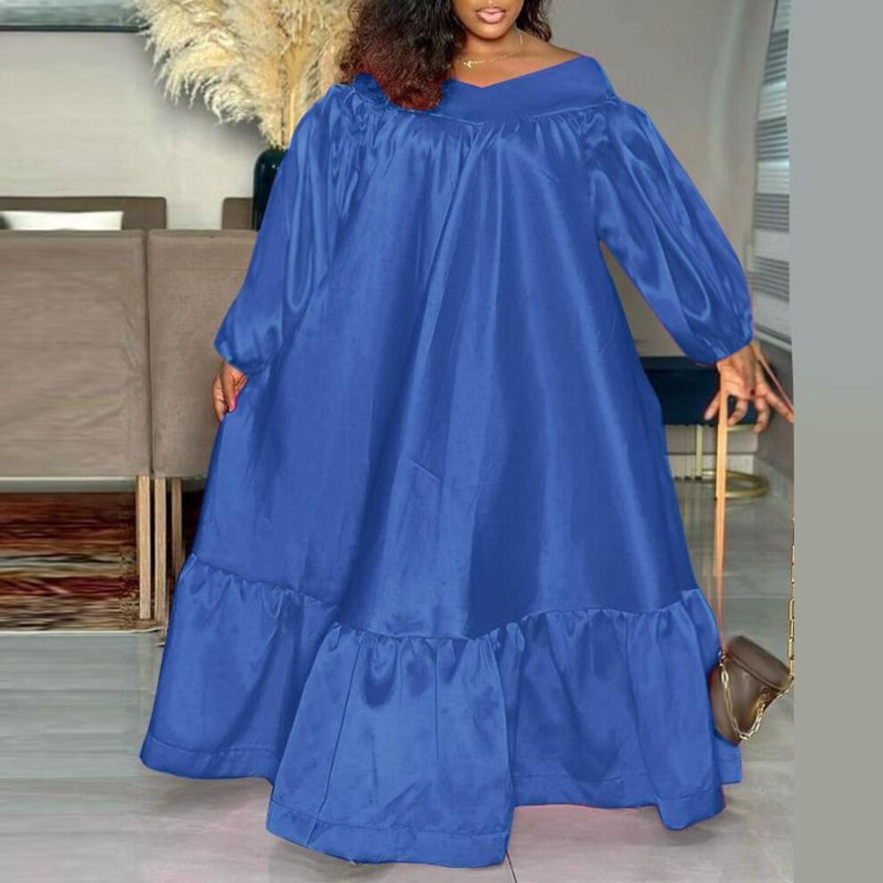 (blue, 4XL) Women Plus Size Solid Color Satin Off Shoulder Puff Long Sleeve Ruffle Hem Dresses