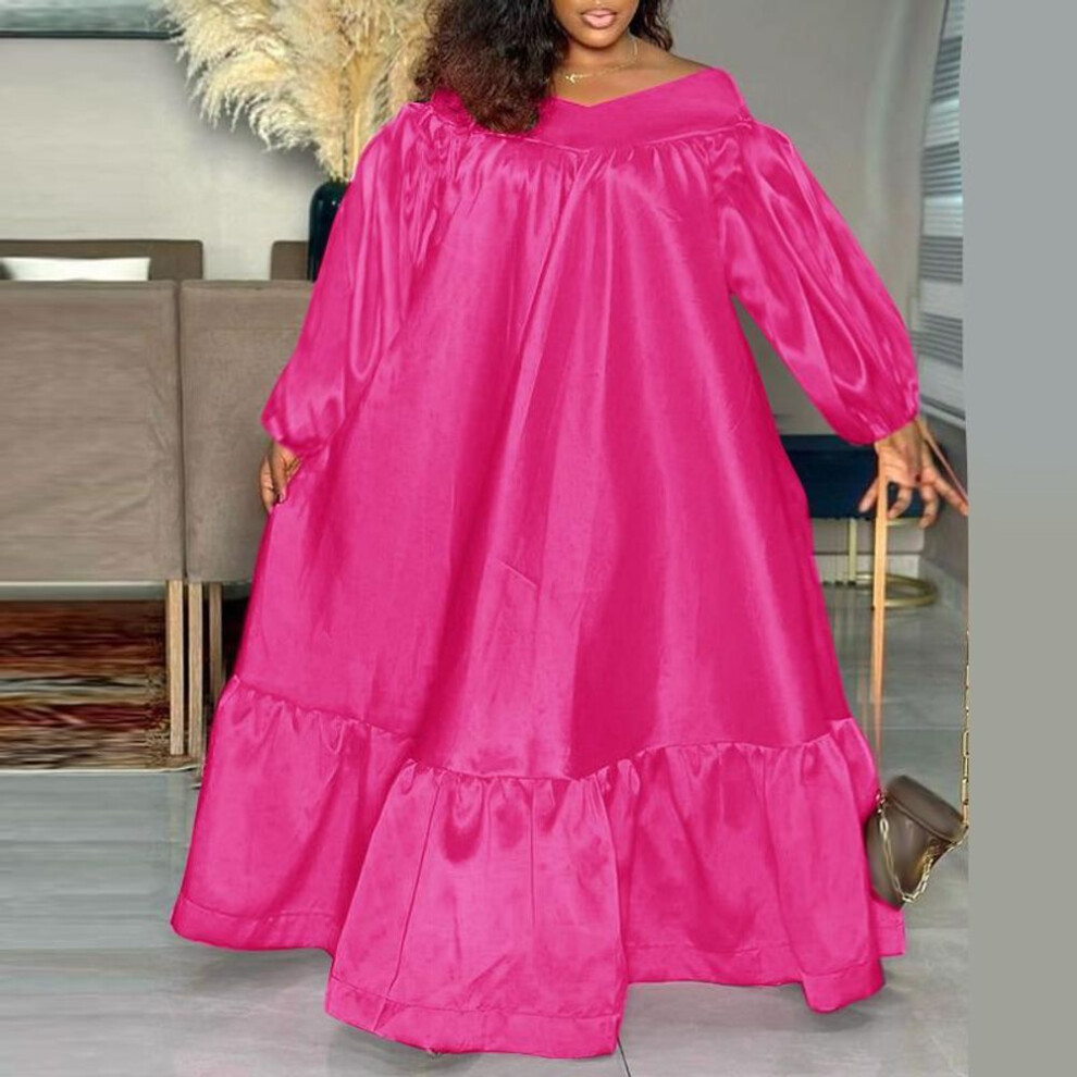 (dark pink, L) Women Plus Size Solid Color Satin Off Shoulder Puff Long Sleeve Ruffle Hem Dresses