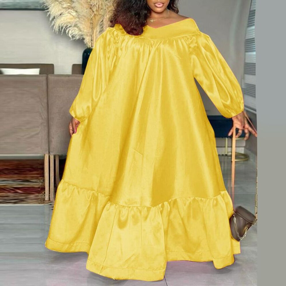 (yellow, 4XL) Women Plus Size Solid Color Satin Off Shoulder Puff Long Sleeve Ruffle Hem Dresses