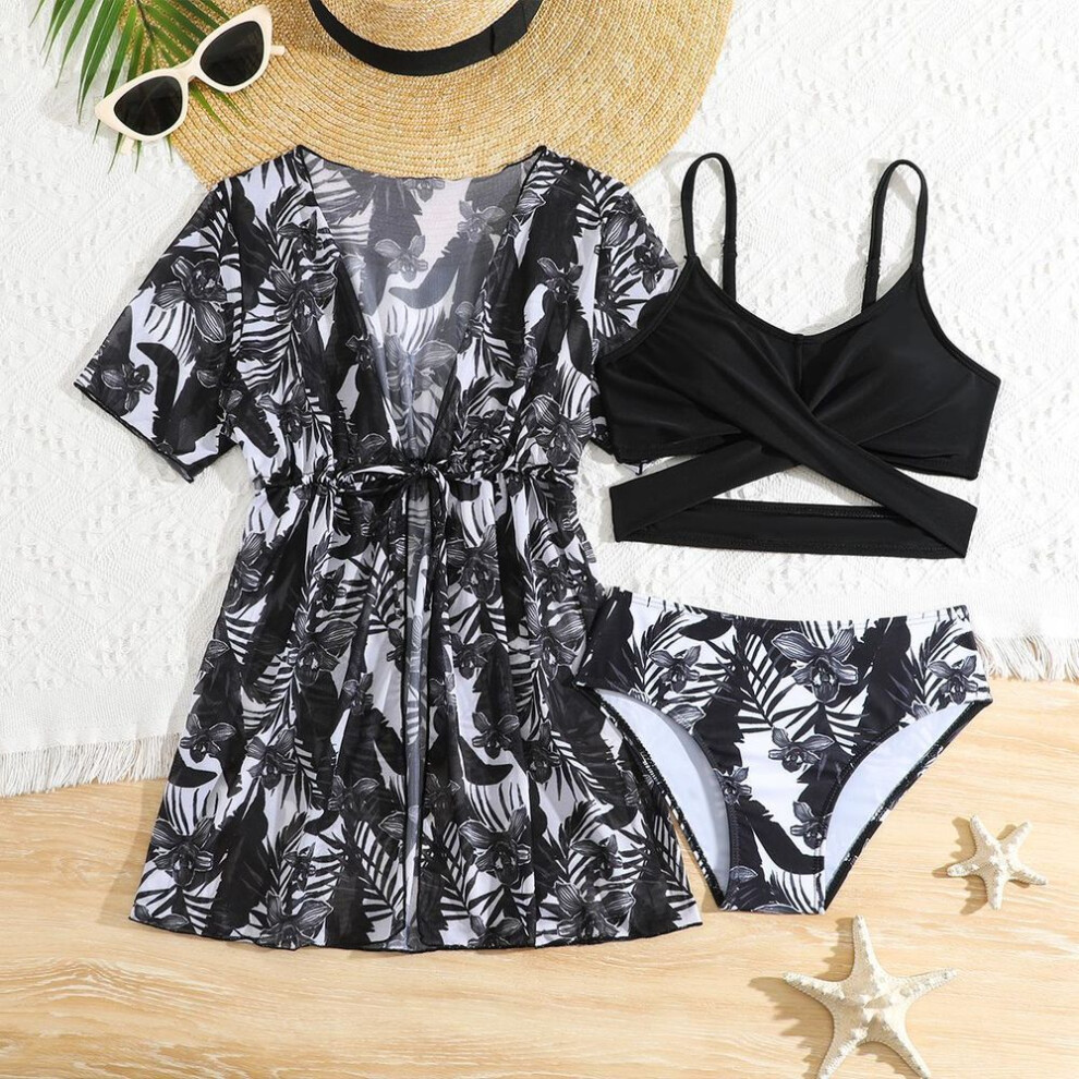 (130, black) Girls' Fashion 3 Pieces Floral Printed Swimwear Set Solid Tank Top Briefs And Short Sleeves Lace Up Cover-up Swimsuit Children's Bathing Suit