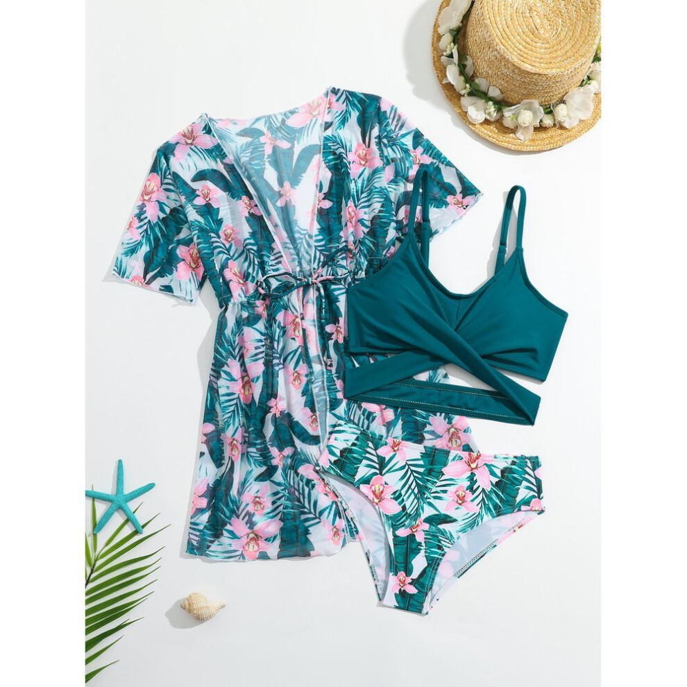 (120, green) Girls' Fashion 3 Pieces Floral Printed Swimwear Set Solid Tank Top Briefs and Short Sleeves Lace Up Cover-Up Swimsuit Children's Bathing Suit