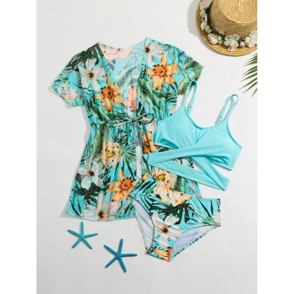 (110, cyan) Girls' Fashion 3 Pieces Floral Printed Swimwear Set Solid Tank Top Briefs and Short Sleeves Lace Up Cover-Up Swimsuit Children's Bathing Suit