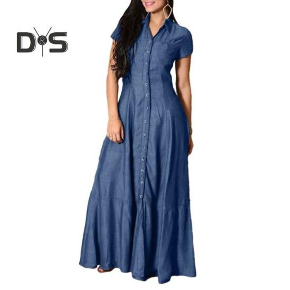 (blue, 4XL) Women Lapel Short Sleeve Denim Dress Patch Pocket High Waist Ruffle Hem A Line Elegant Casual Solid Color Long Dress