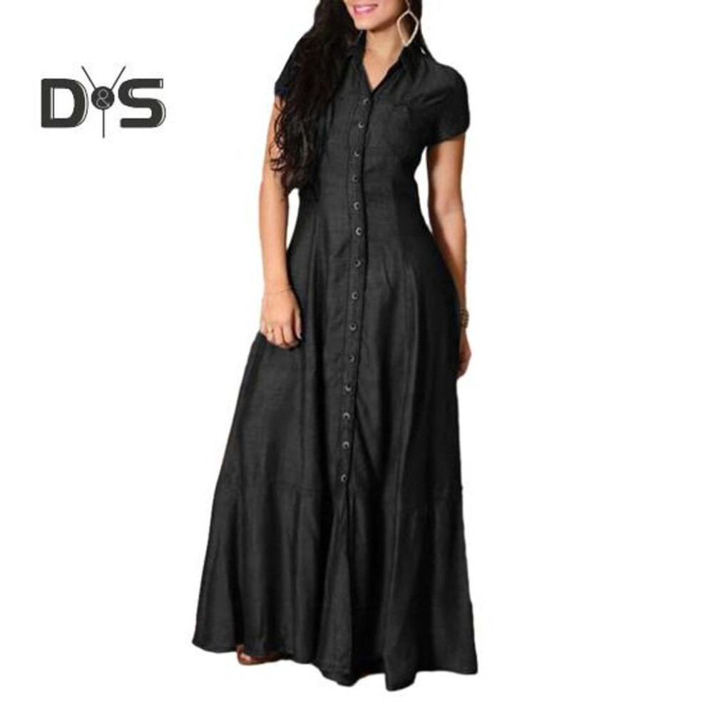 (black, 3XL) Women Lapel Short Sleeve Denim Dress Patch Pocket High Waist Ruffle Hem A Line Elegant Casual Solid Color Long Dress