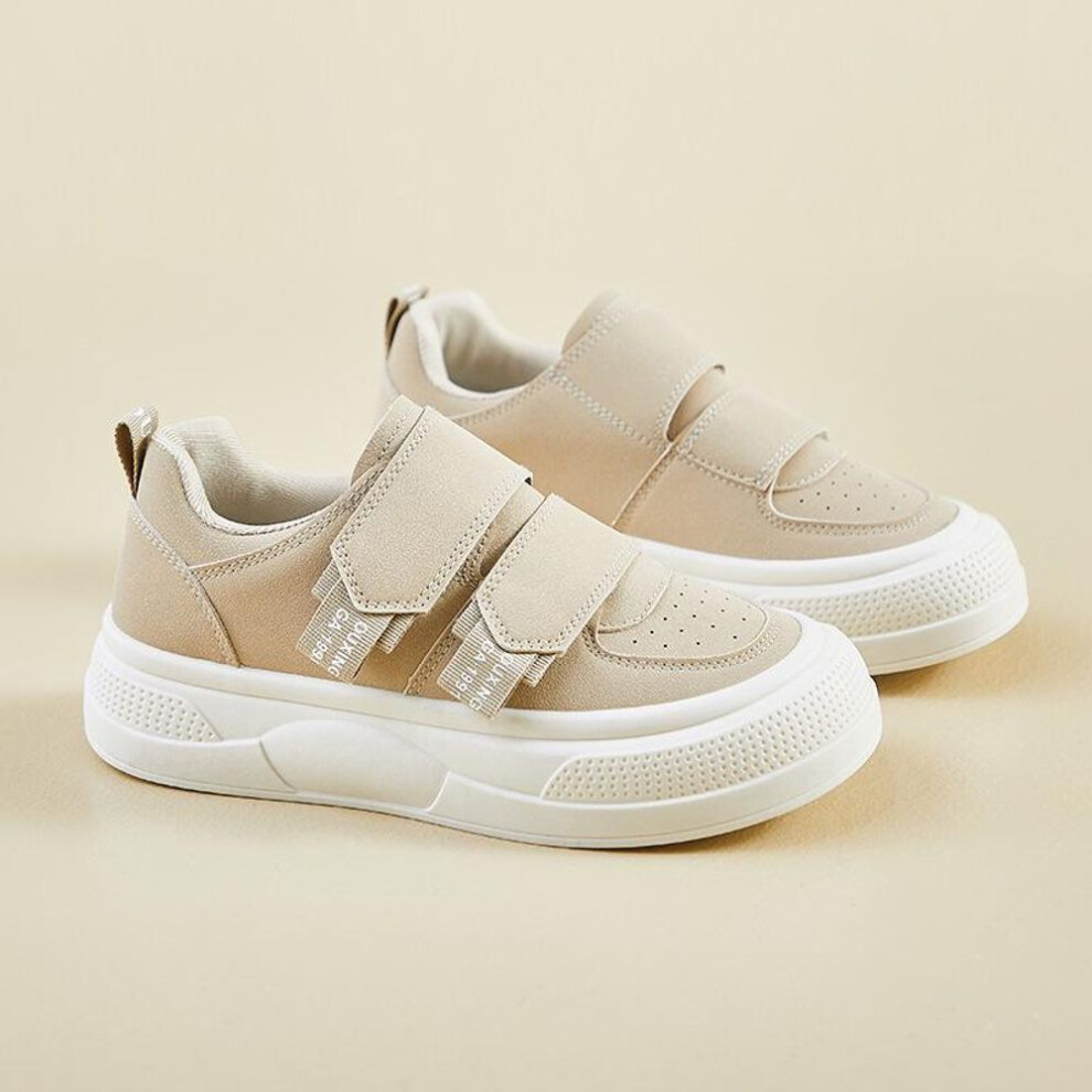 (khaki, 35) 2025 Spring Korean Velcro White Sneakers For Women - Thick-soled, Height-boosting Casual Shoes
