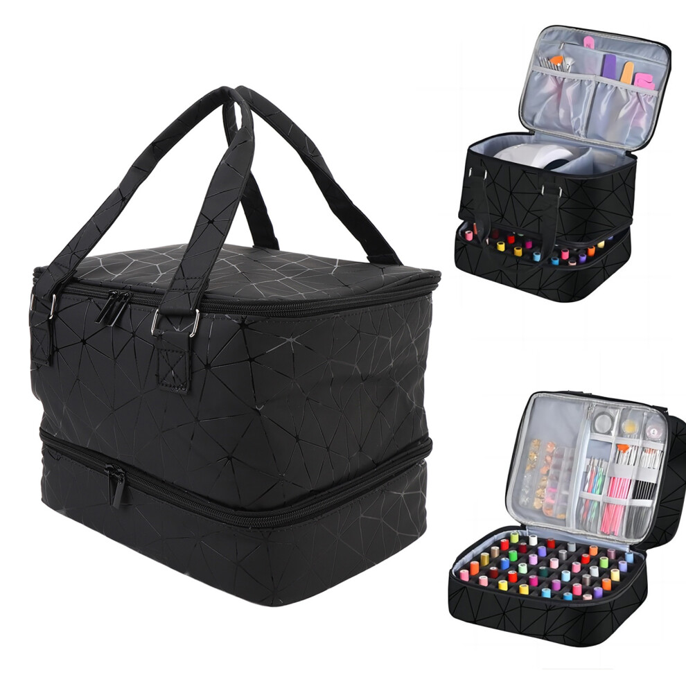 Black Nail Polish Organizer Case Double Layer Holds 42 Bottles Adjustable Removable Water Resistant Pu Nail Polish Travel Case Bag