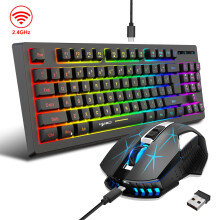 Wireless Keyboard and Mouse Set 2.4G Colourful Backlit Keyboard BT Wireless Office Gaming Rechargeable 87-Key Compact Design Adjustable Mov