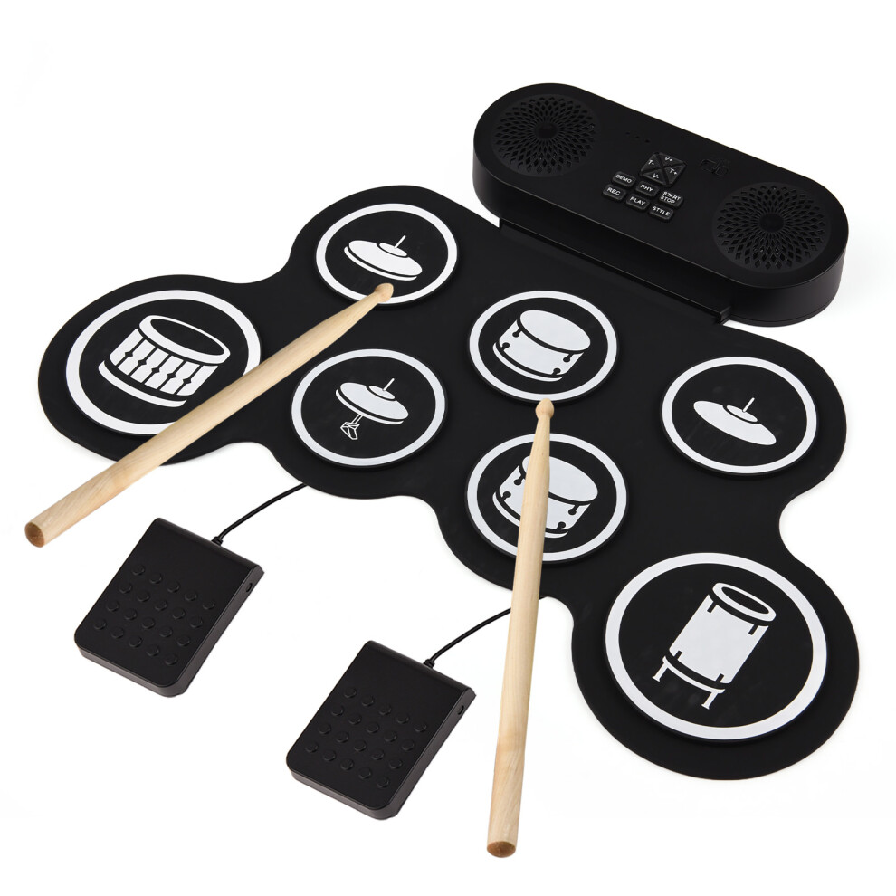 Electronic Drum Set Hand Roll Drum Set 7 Pads with Dual Speaker 7 Drum Styles 6 Rhythms 10 Demo Songs Portable Practice Pad Drum Kit with D