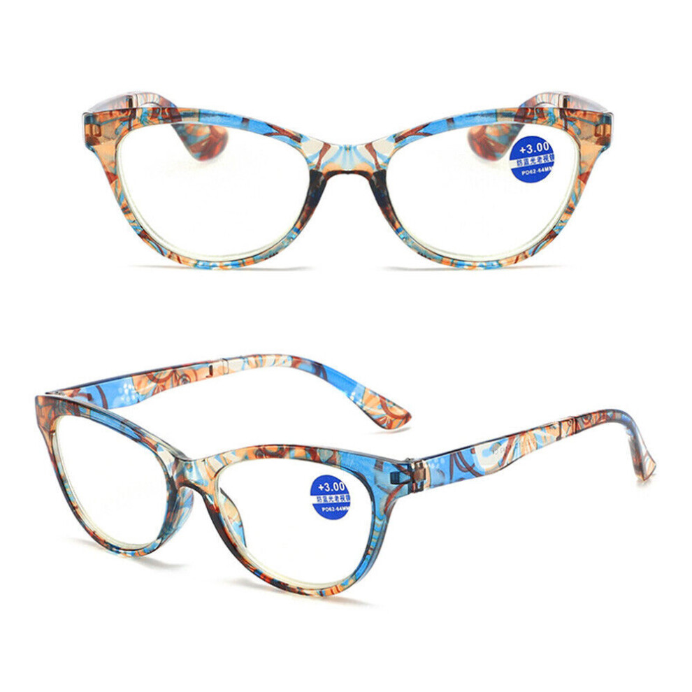 (+3.00, Blue) Womens Blue Light Blocking Round Stylish Reading Glasses with Spring Hinges