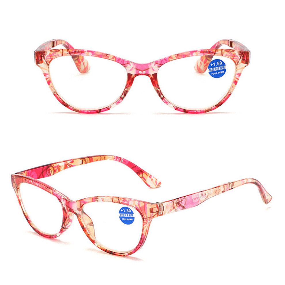 (+1.50, Red) Womens Blue Light Blocking Round Stylish Reading Glasses with Spring Hinges