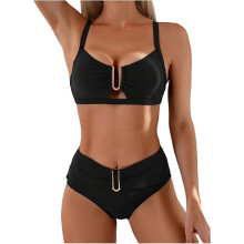 (S) Women's High Waisted Linked Bikini Set Cut Out Swimsuits V Wired Ruched 2 Piece Beach Swimwear
