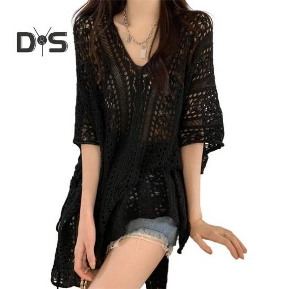 (black) Cover Up Dress V-Neck Short Sleeve Hollow Out Breathable Loose Fit Summer Tops Beach Bikini Cover Up
