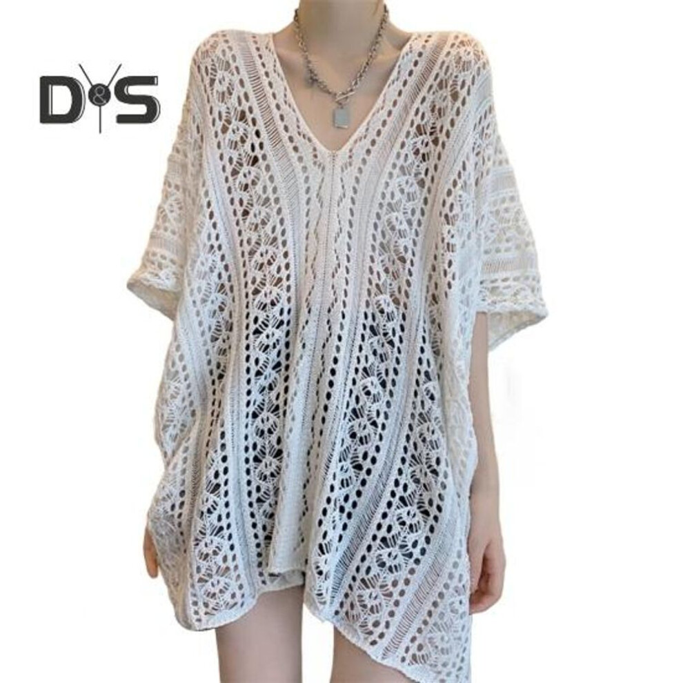 (white) Cover Up Dress V-neck Short Sleeve Hollow Out Breathable Loose Fit Summer Tops Beach Bikini Cover Up